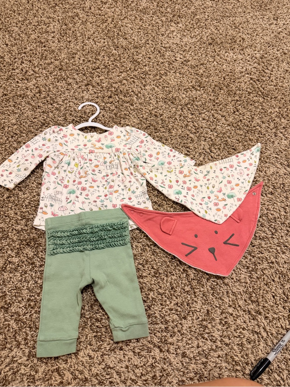 Marks & Spencer White Floral Top with Green Ruffle Leggings and Pink Bandana Bib